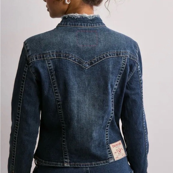 True Religion Y2K Slim Jimmy Dark Blue Jean Jacket frayed collarless neck - Picture 2 of 16